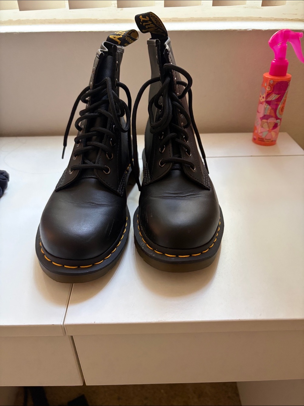Dr. Martens Black Leather Lace-Up Boots with Yellow Stitching